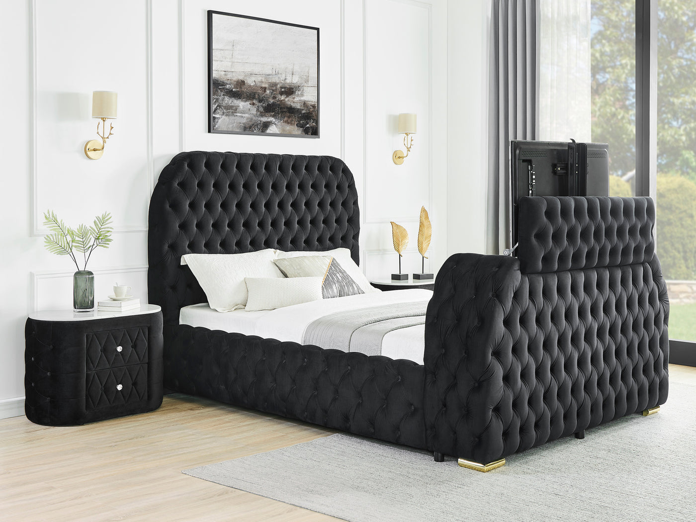 Sharron Modern Oval Faux Marble Top Upholstered Nightstand, Black