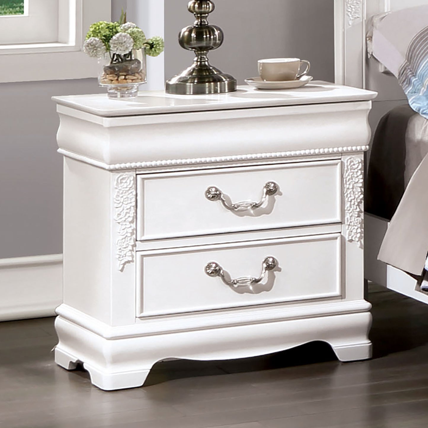 Morgan Traditional 2-Drawer White Nightstand with Silver Pulls