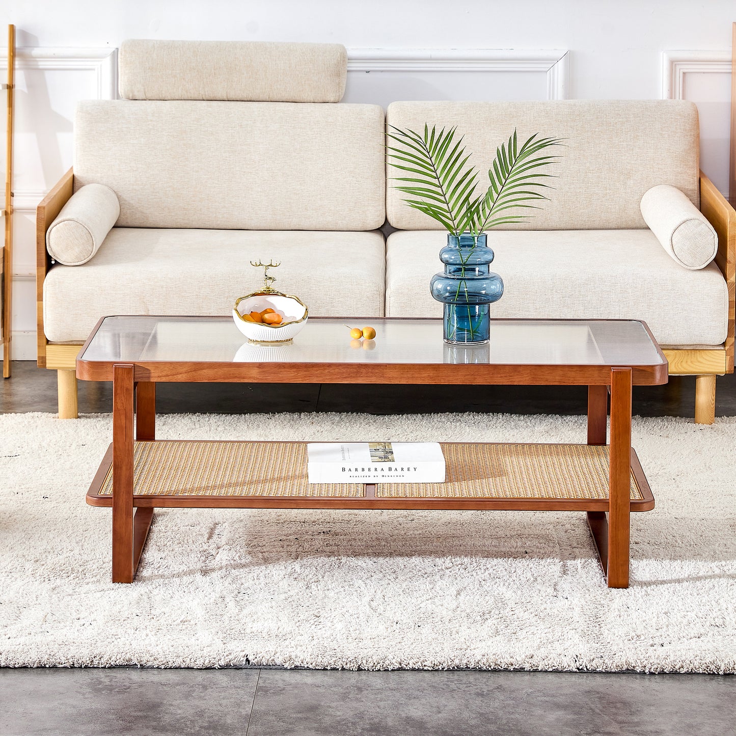 Baylor Mid-Century Modern Glass Top Coffee Table with Rattan Shelf, Walnut