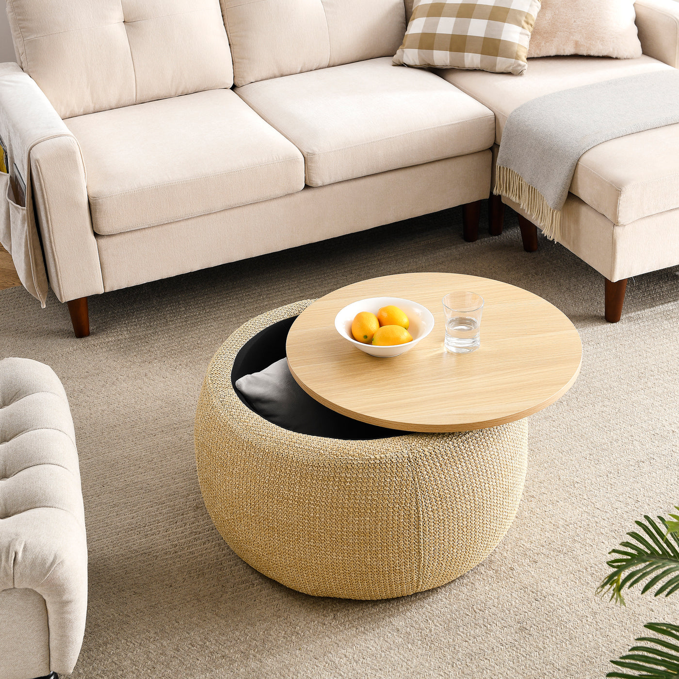 Jules Woven Rattan Round Storage Ottoman in Natural Finish