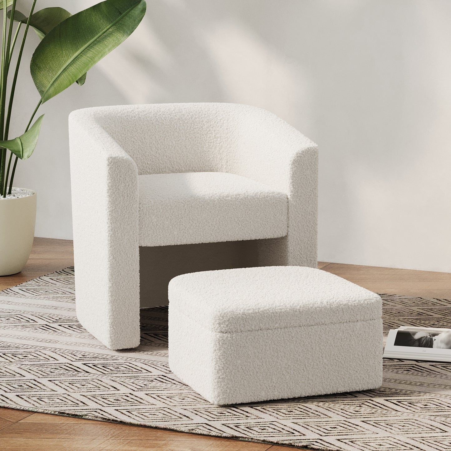 Cher Cream White Velvet Accent Chair & Ottoman Set