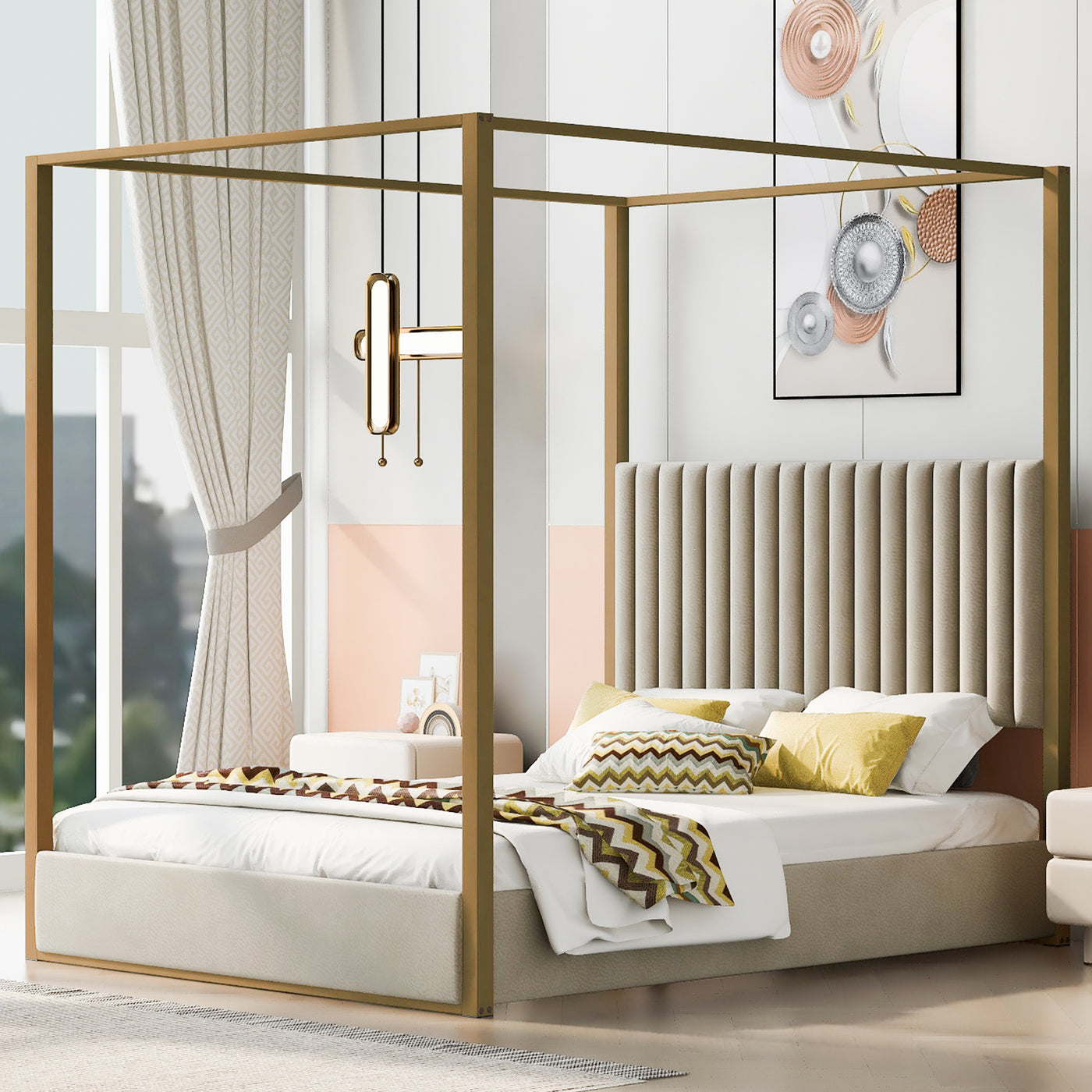Veronica Queen Size Linen Canopy Bed with Metal Frame - Beige