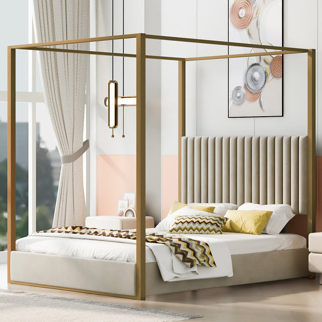Veronica Queen Size Linen Canopy Bed with Metal Frame - Beige