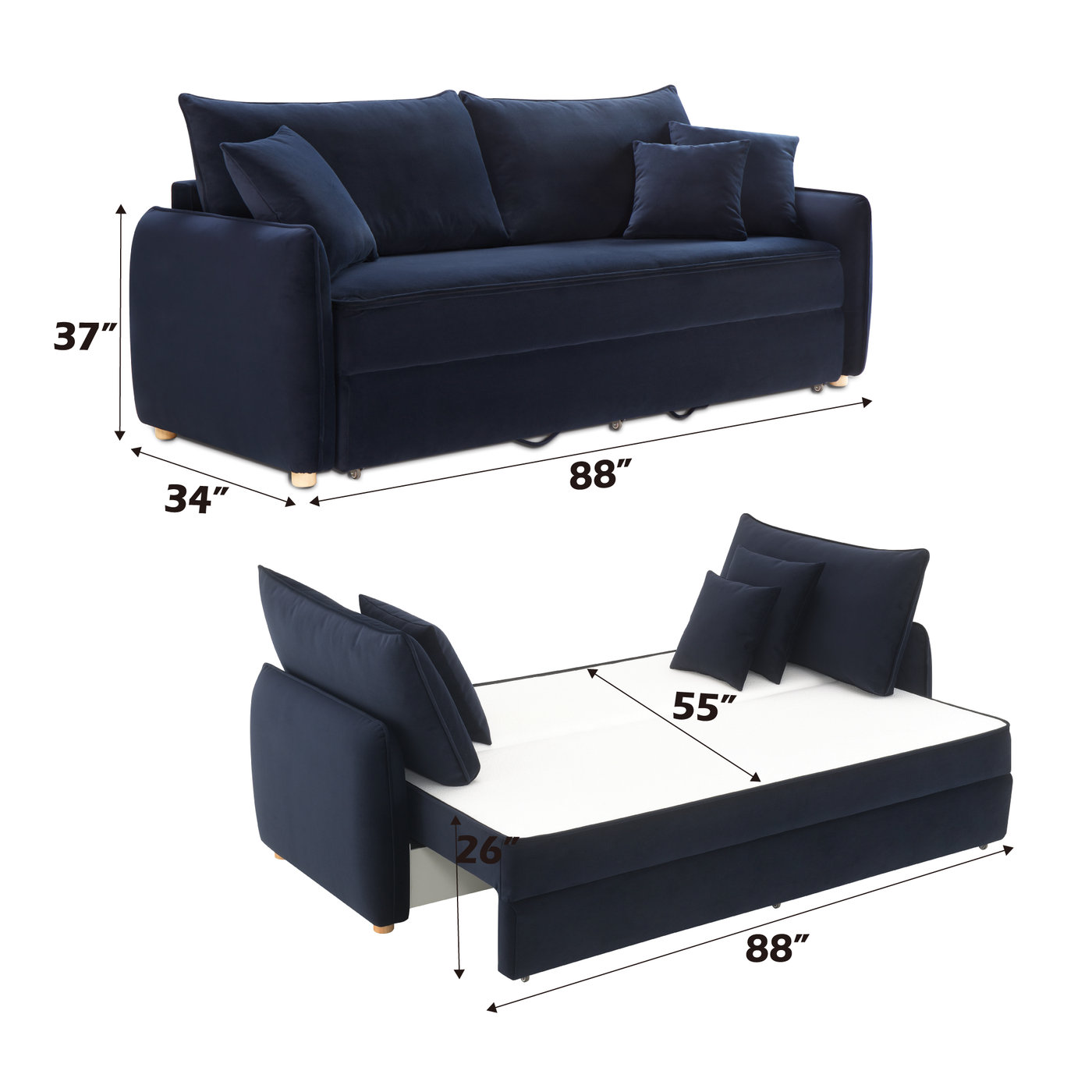 Irina Blue Velvet Sleeper Sofa w/ 3 Toss Pillows