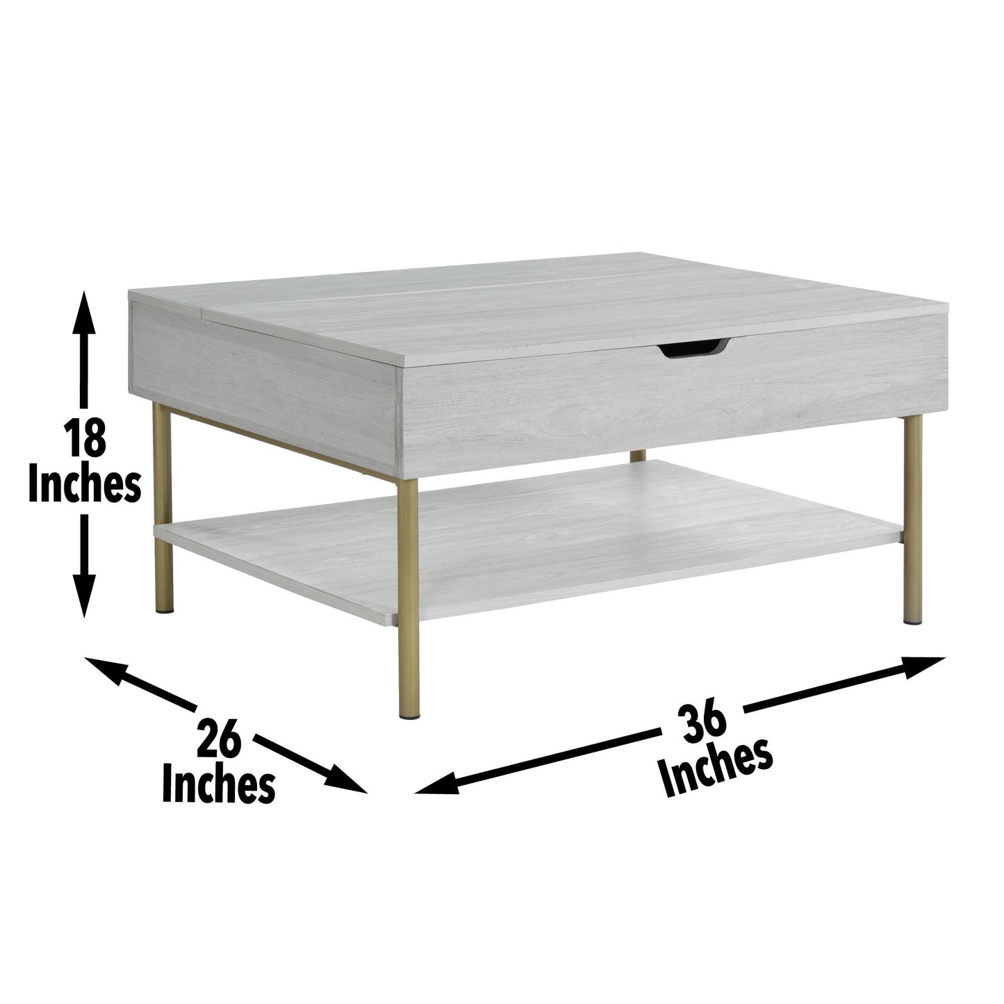 Whitman Lift-Top Coffee Table with Storage Shelf & Satin Brass Legs – White