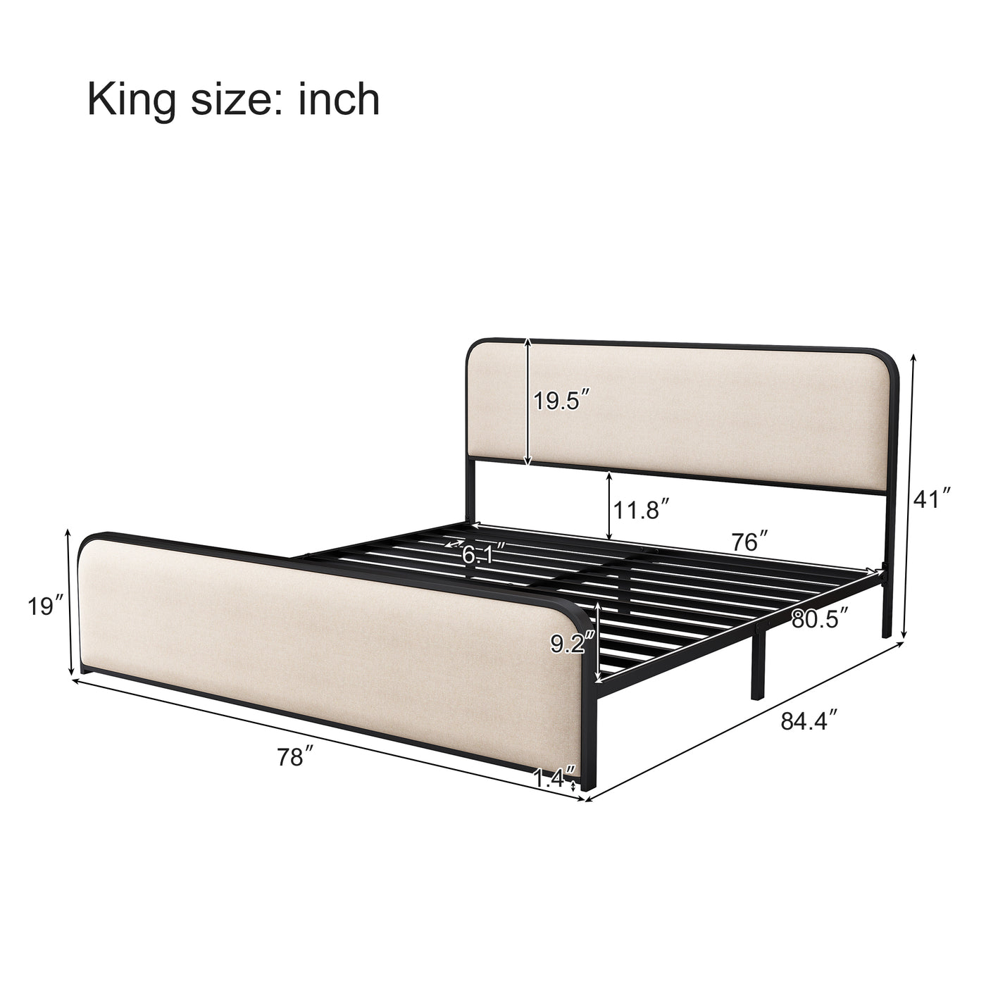 Liriel Modern Metal Frame King Bed with Upholstered Headboard & Footboard, Gray