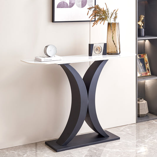 Anara Modern Console Table with White Sintered Stone Top & Black Base