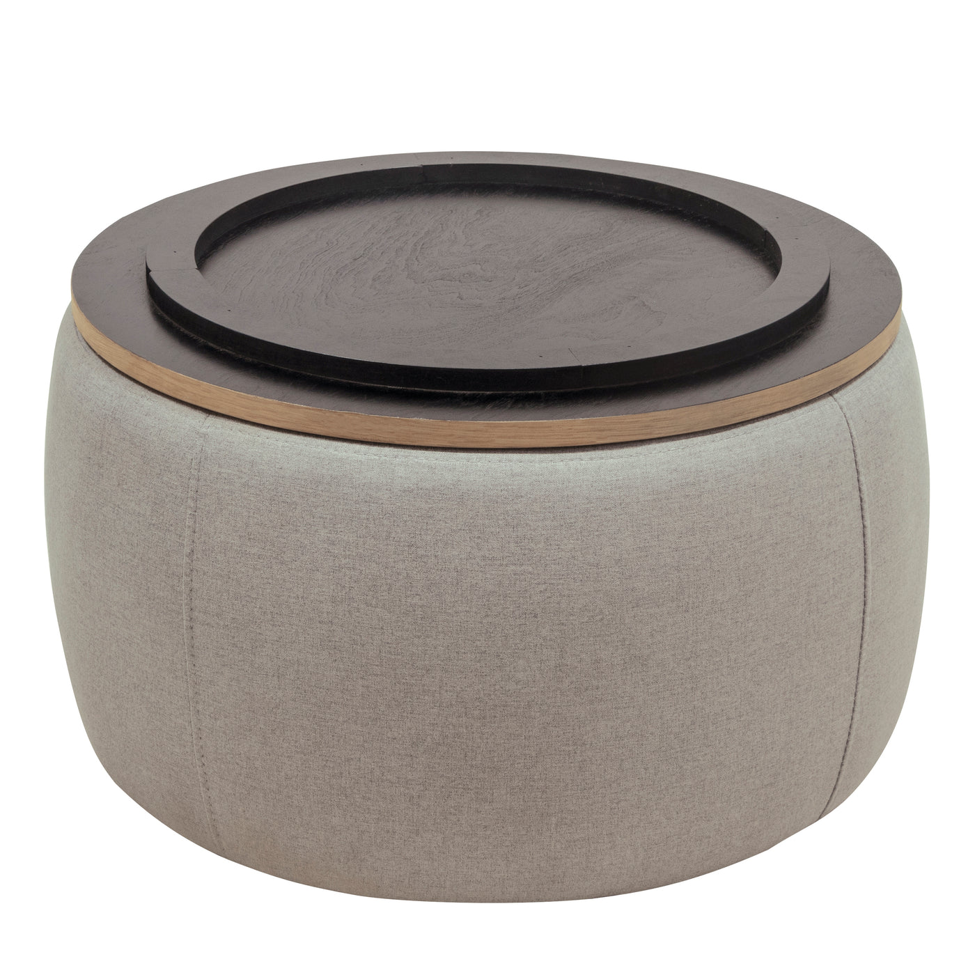 Jules Round Upholstered Storage Ottoman with Wooden Top, Gray