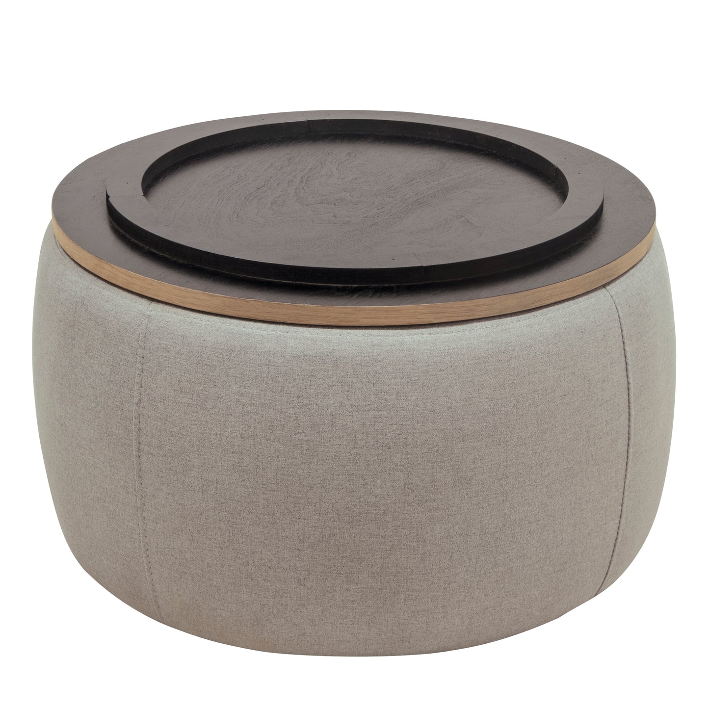 Jules Round Upholstered Storage Ottoman with Wooden Top, Gray