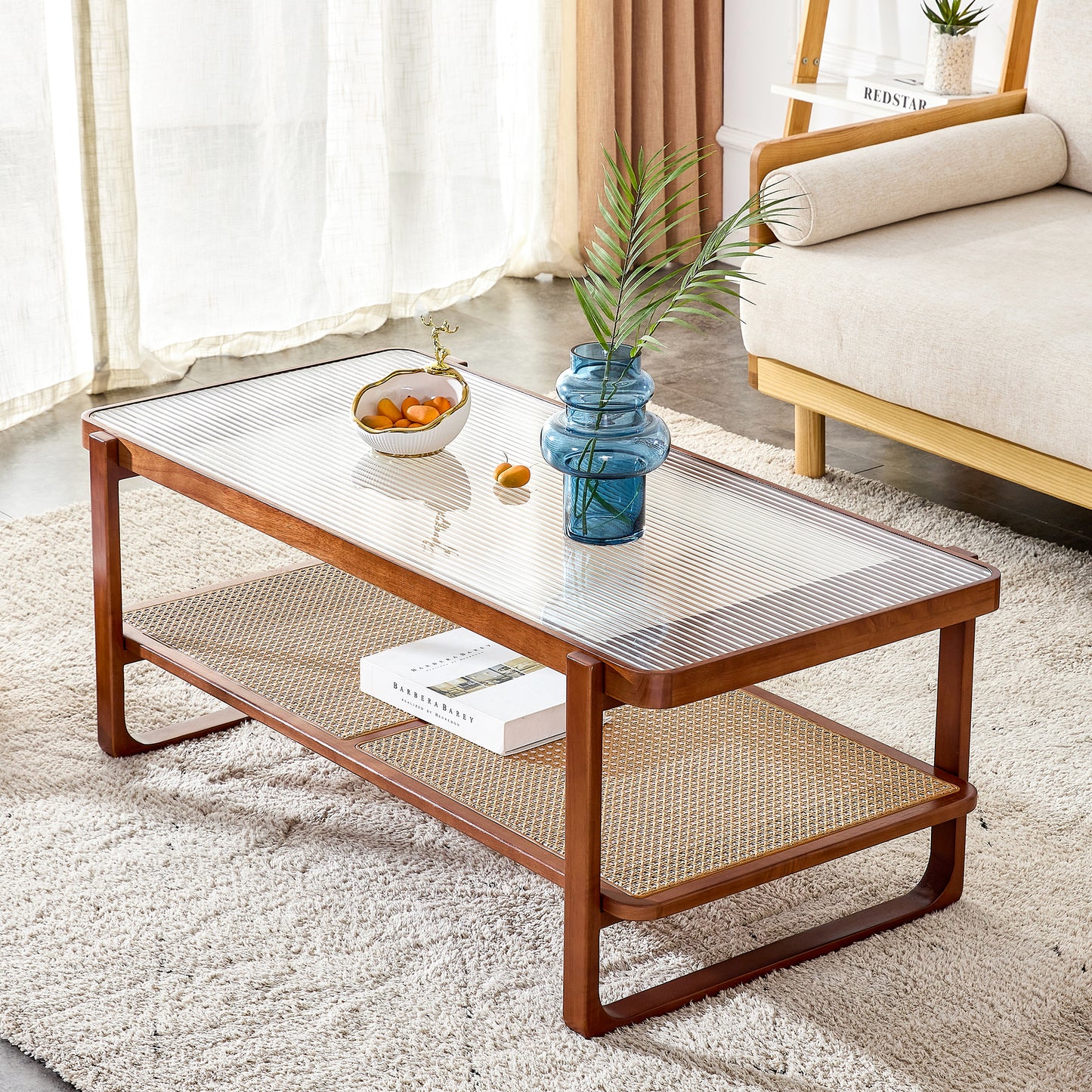 Baylor Mid-Century Modern Glass Top Coffee Table with Rattan Shelf, Walnut