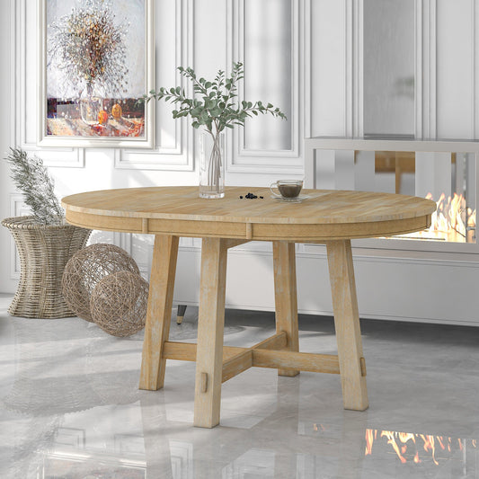 Blyssa Farmhouse Round Extendable Dining Table with 16" Leaf Wood Kitchen Table Natural Wood Wash