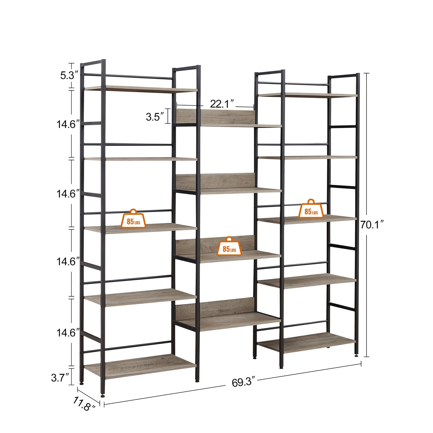 Triple Wide 5-shelf Bookshelves, Gray