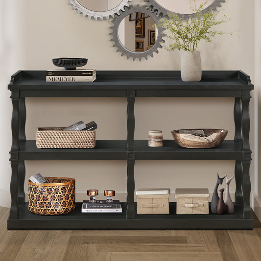 Eamon Traditional Wooden Console Table with 3-Tier Open Storage - Black
