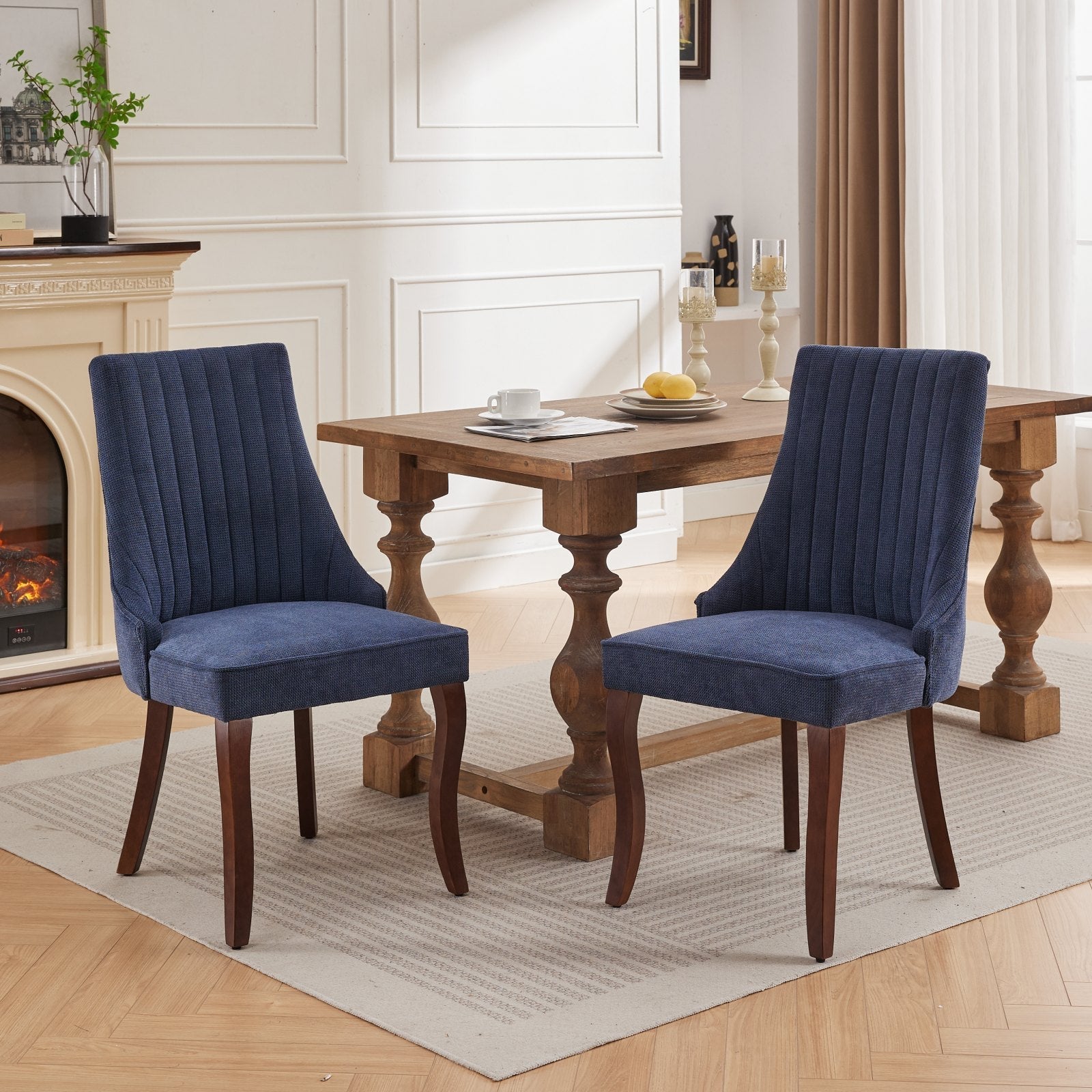 Leena Transitional Blue Linen Side Chairs Set of 2
