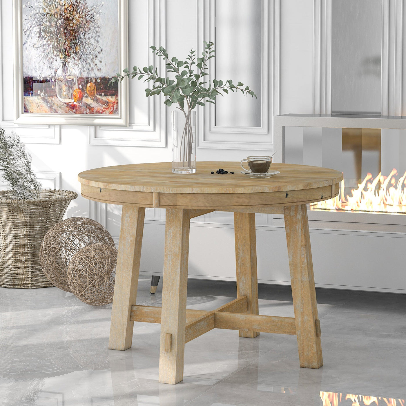 Blyssa Farmhouse Round Extendable Dining Table with 16" Leaf Wood Kitchen Table Natural Wood Wash