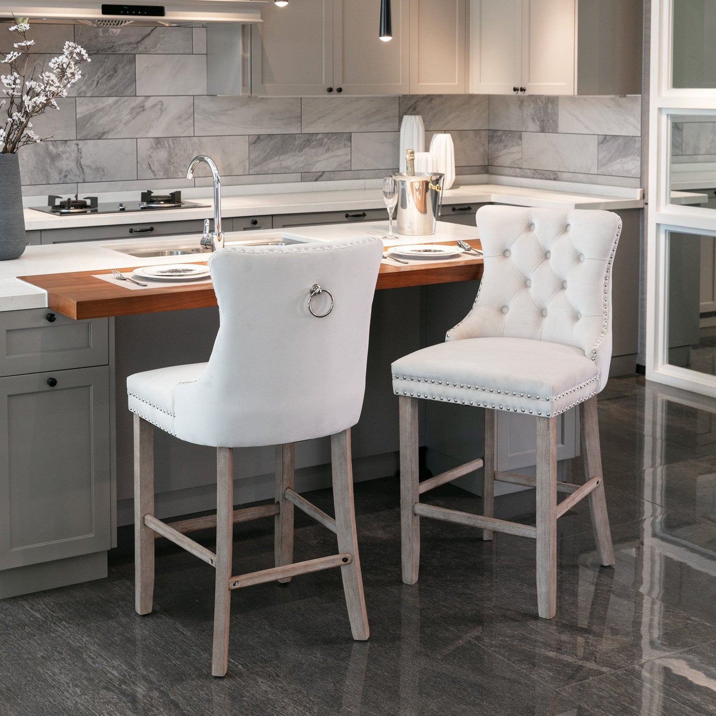 Nella II 26" Velvet Counter Height Bar Stools with Weathered Legs Set of 2 Beige