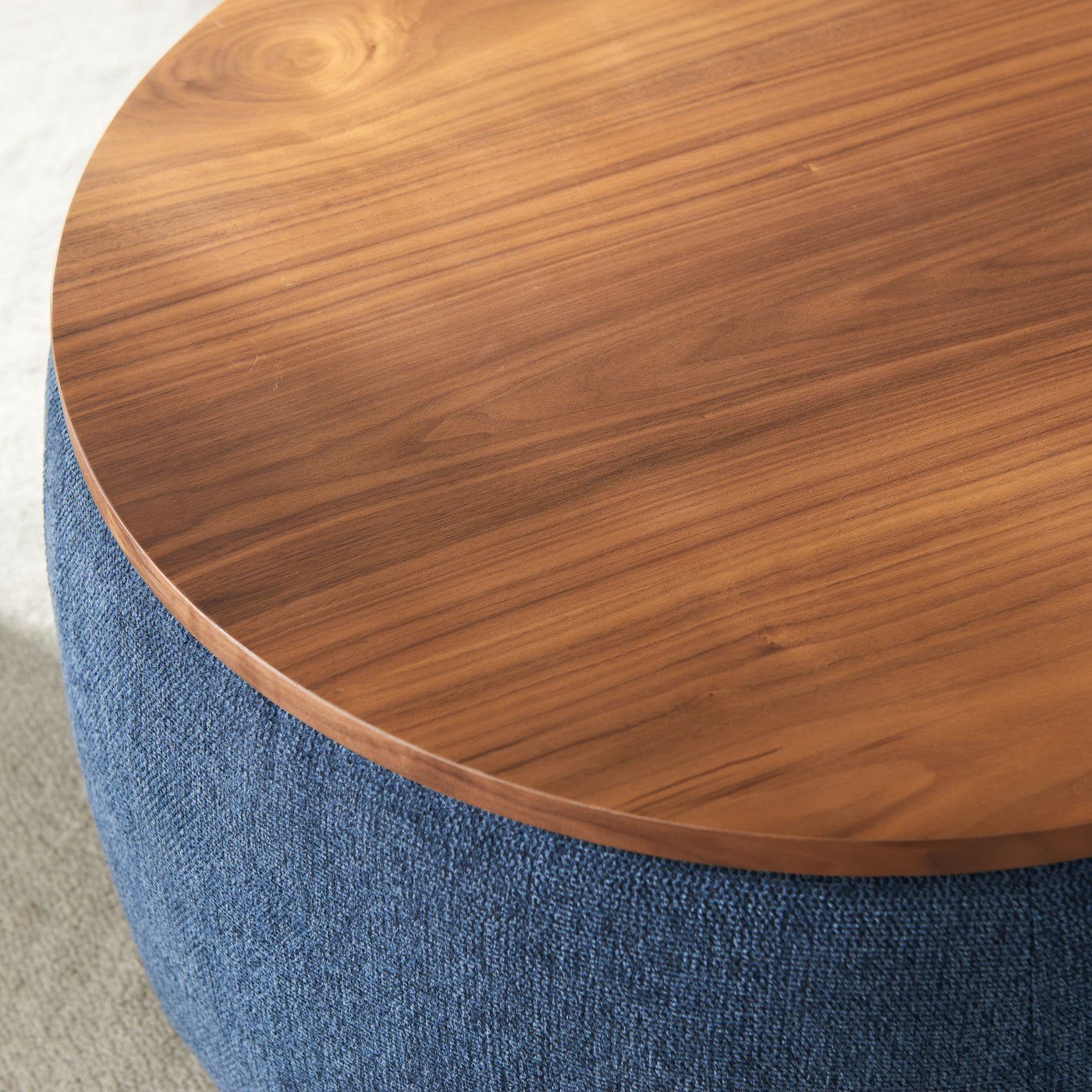 Jules Round Upholstered Storage Ottoman with Wooden Top, Blue