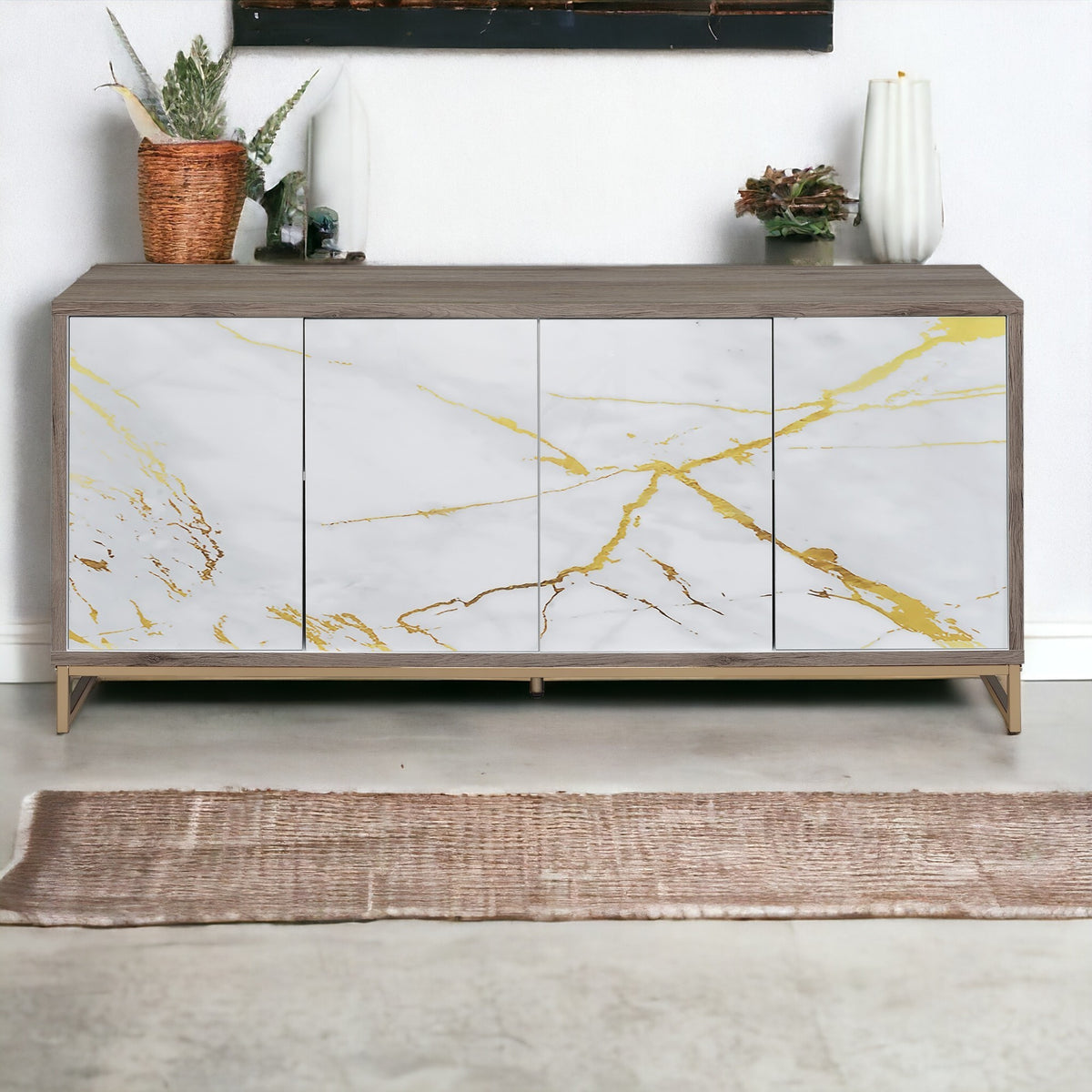 Paavan White Marble Paint Oak & Champagne Finish Console Cabinet