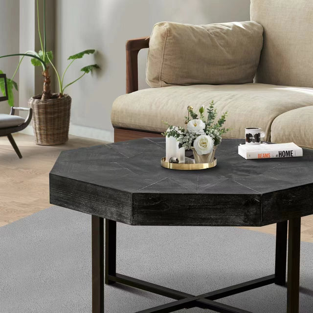 Eulalia Vintage Octagonal Shape Patchwork Craft Wooden Coffee Table, Antique Black