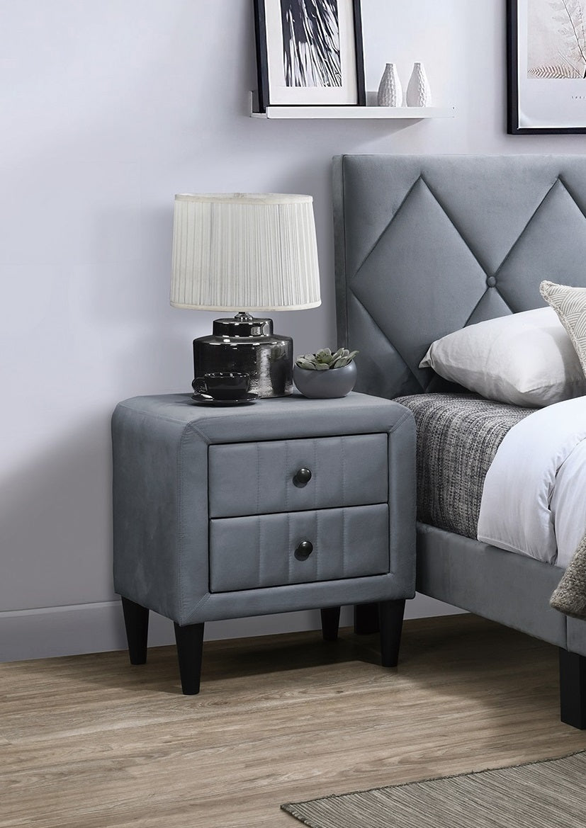 Olivia 2-Drawer Velvet Nightstand with Black Legs, Gray