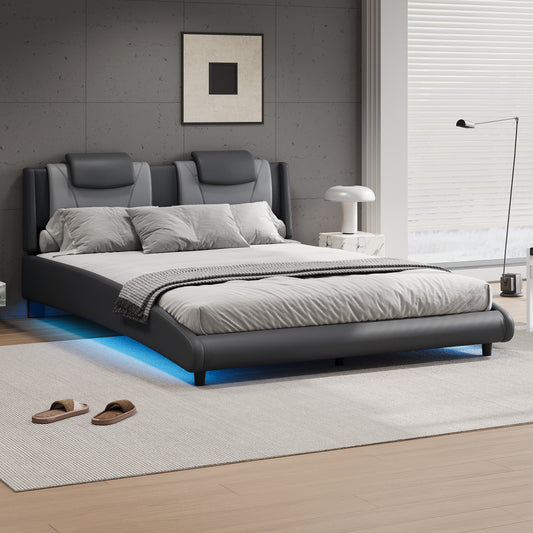 Solace Modern Faux Leather Queen Platform Bed with LED Lighting
