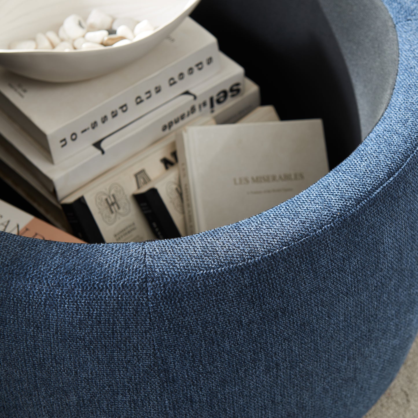 Jules Round Upholstered Storage Ottoman with Wooden Top, Blue