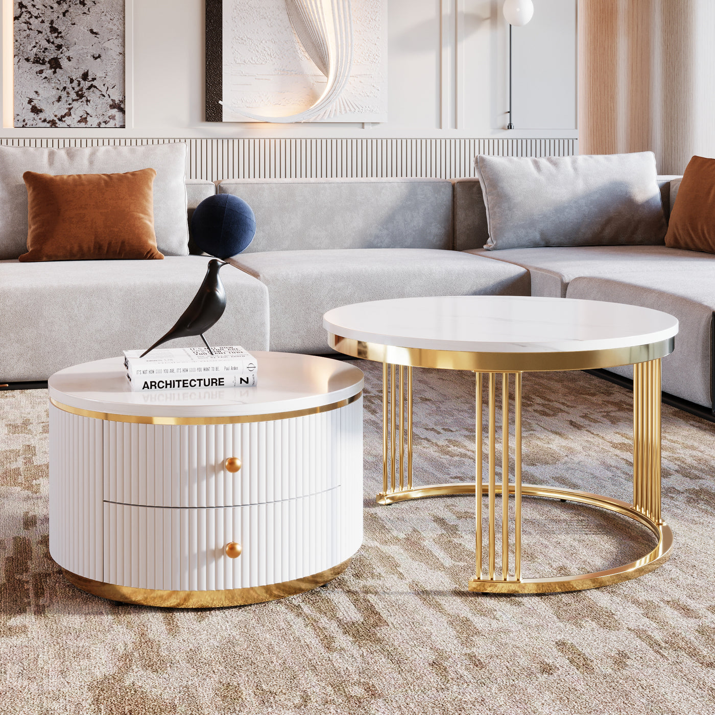 Elysia Modern Nesting Coffee Table in White & Gold