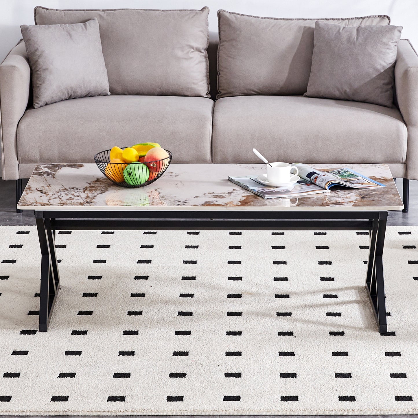 Ainsley Modern Minimalist Sintered Stone Coffee Table with Black Legs