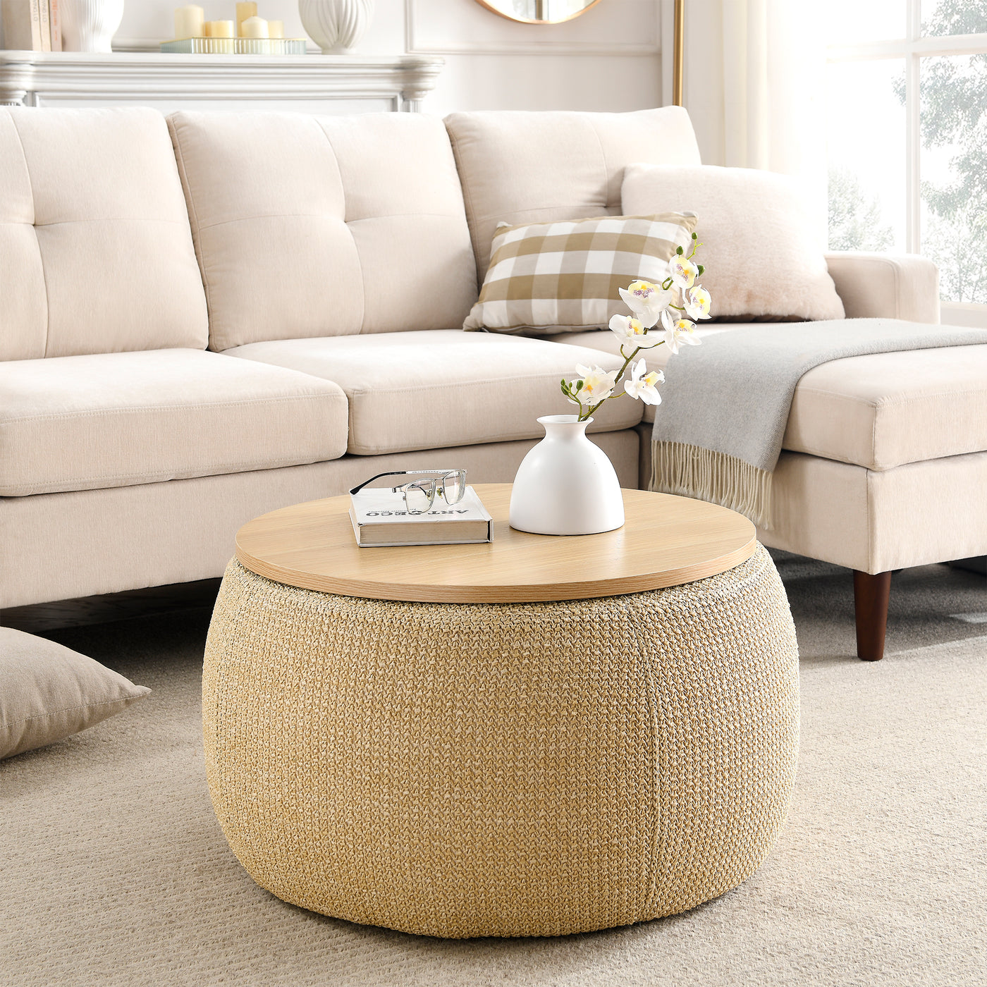 Jules Woven Rattan Round Storage Ottoman in Natural Finish