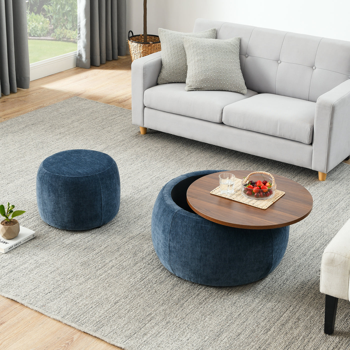 Jules 2-PC Upholstered Storage Ottoman Set with Wood Top, Blue
