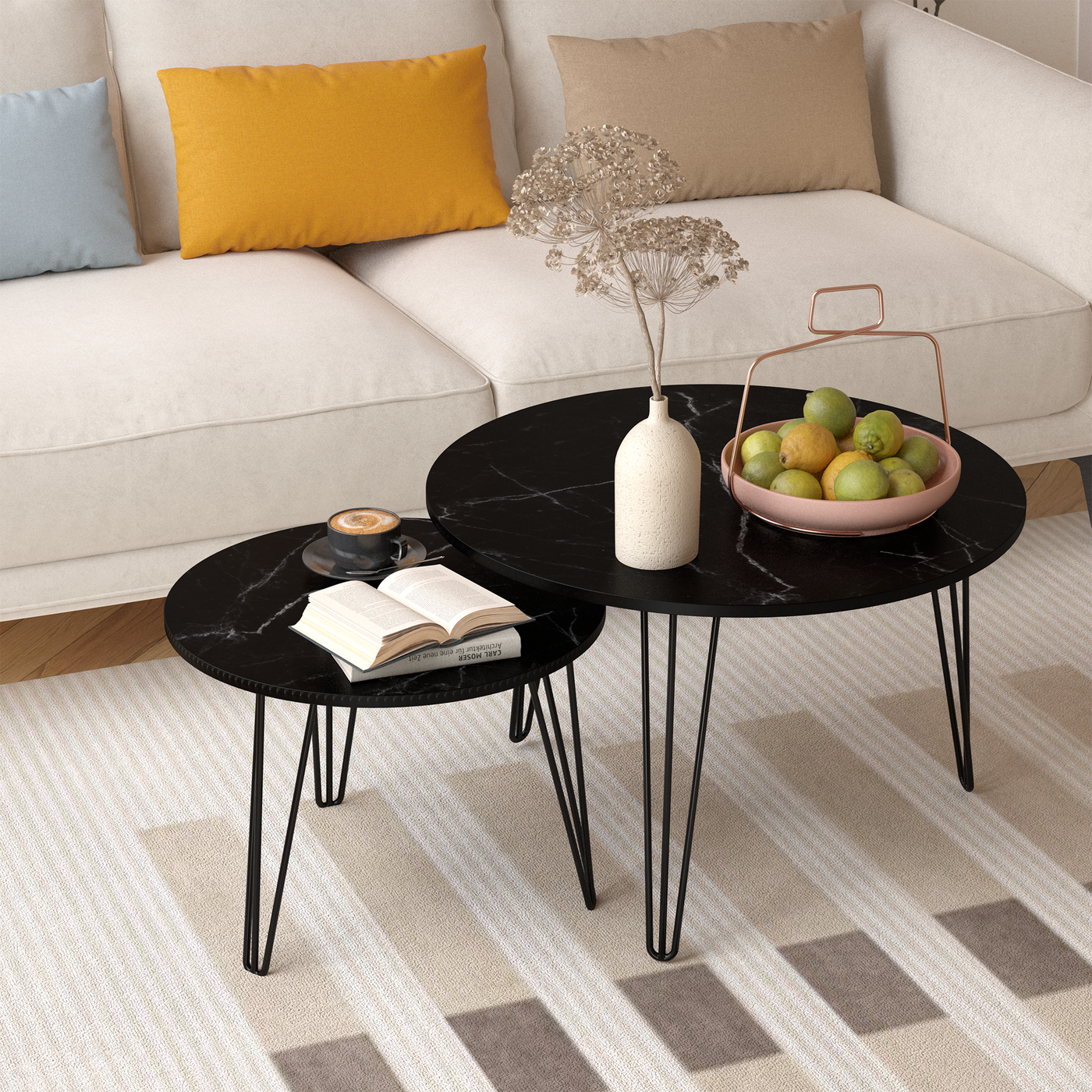 Moonriver 2-Piece Round Nesting Tables, Black Faux Marble