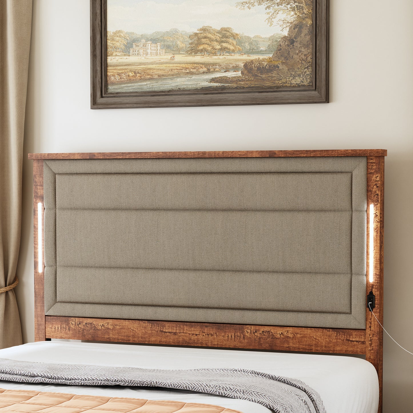 Aveline Transitional Wooden Queen Platform Bed with LED, Gray & Brown