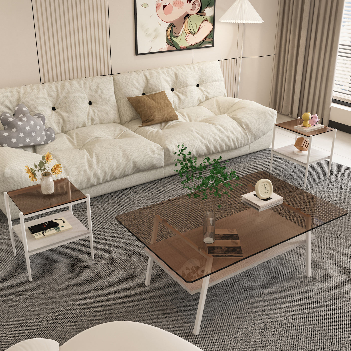 Penn Modern 3-Piece Accent Table Set with Brown Glass, White