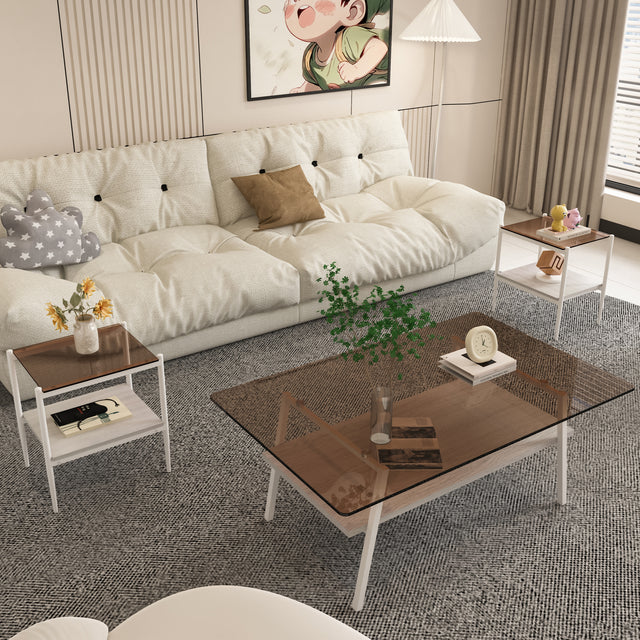 Penn Modern 3-Piece Accent Table Set with Brown Glass, White