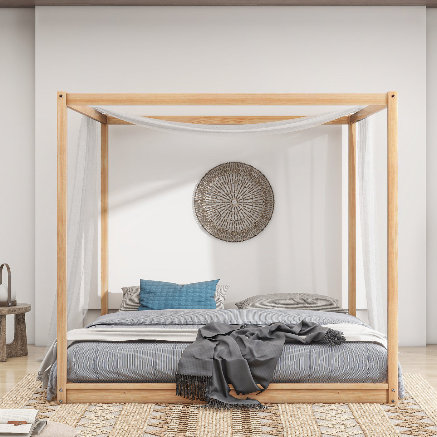 Beatrix King Size Canopy Platform Bed with Support Legs, Natural