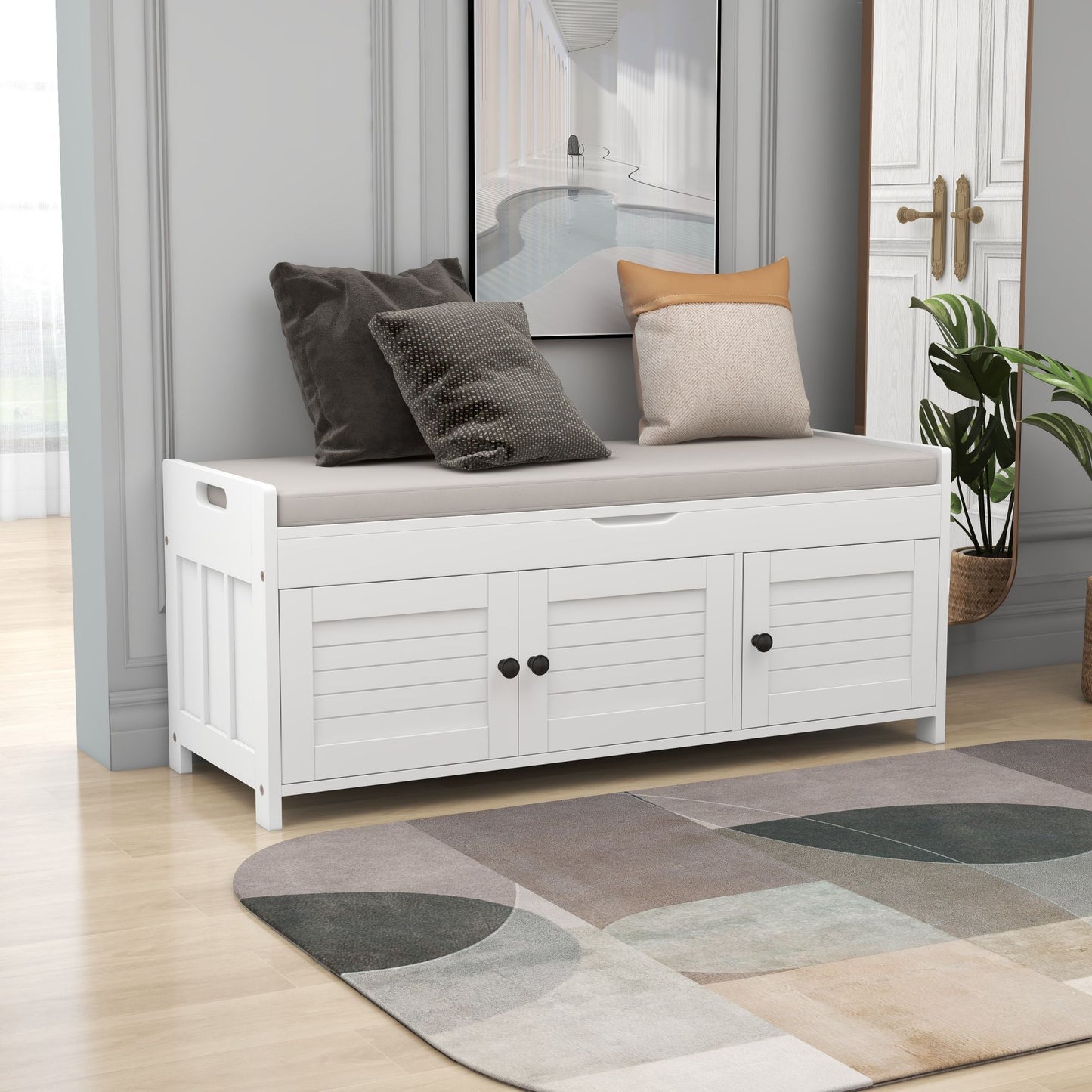 Drea Storage Bench with 3 Shutter-shaped Doors, Shoe Bench with Removable Cushion and Hidden Storage Space, White