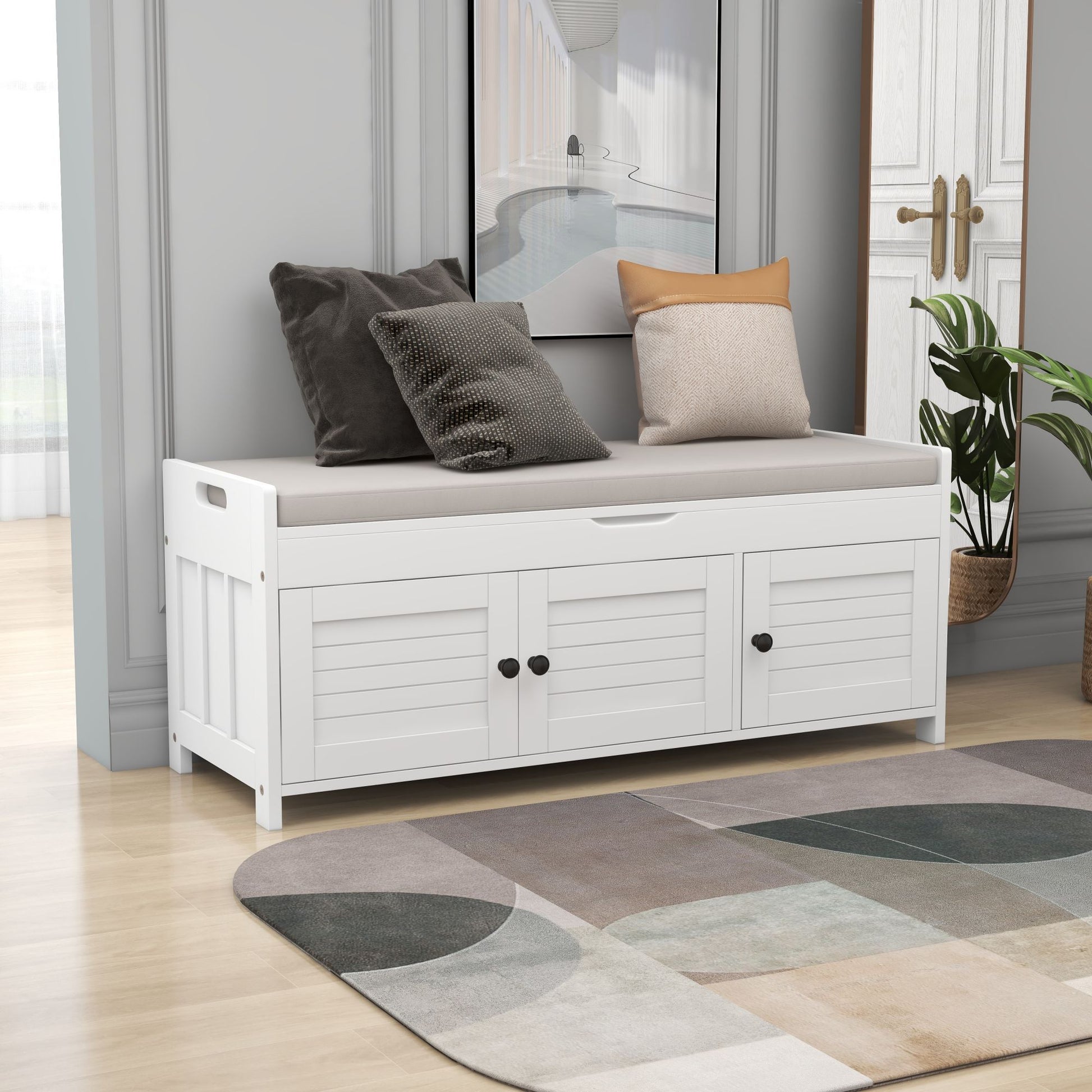 Drea Storage Bench with 3 Shutter-shaped Doors, Shoe Bench with Removable Cushion and Hidden Storage Space, White