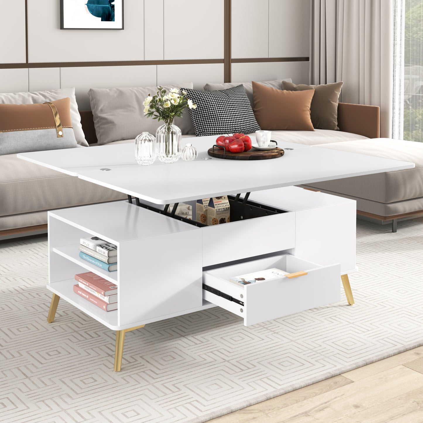 Dawes Modern Lift Top Coffee Table Multi Functional Table with Drawers in  White