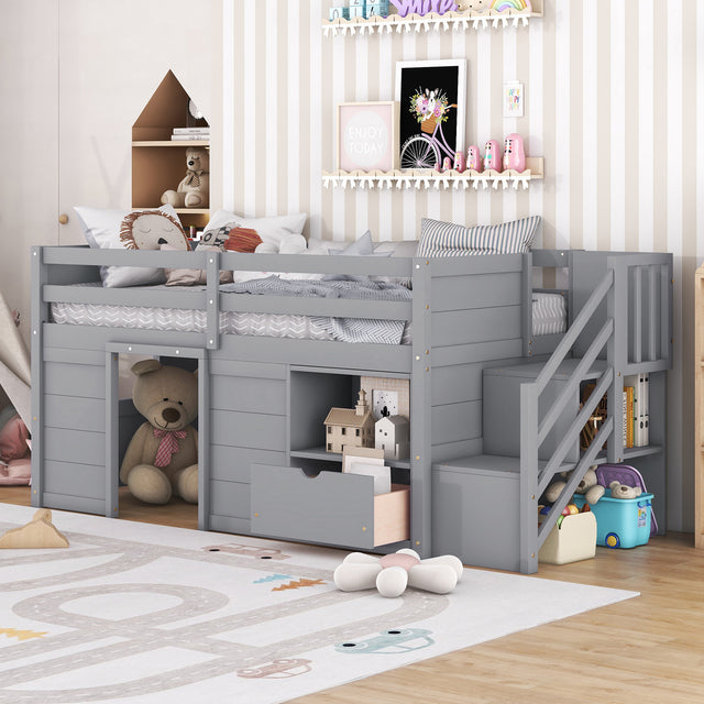 Gracen Twin Size Loft Bed with Stairway Chest & Drawers, Gray