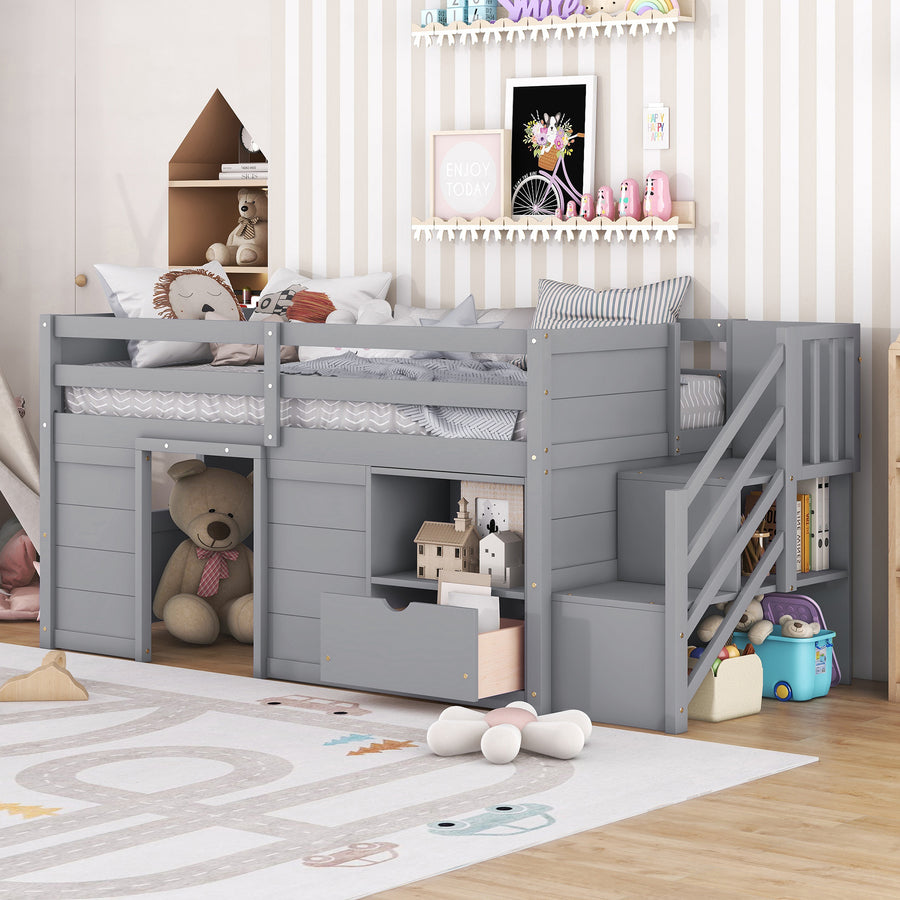 Gracen Twin Size Loft Bed with Stairway Chest & Drawers, Gray