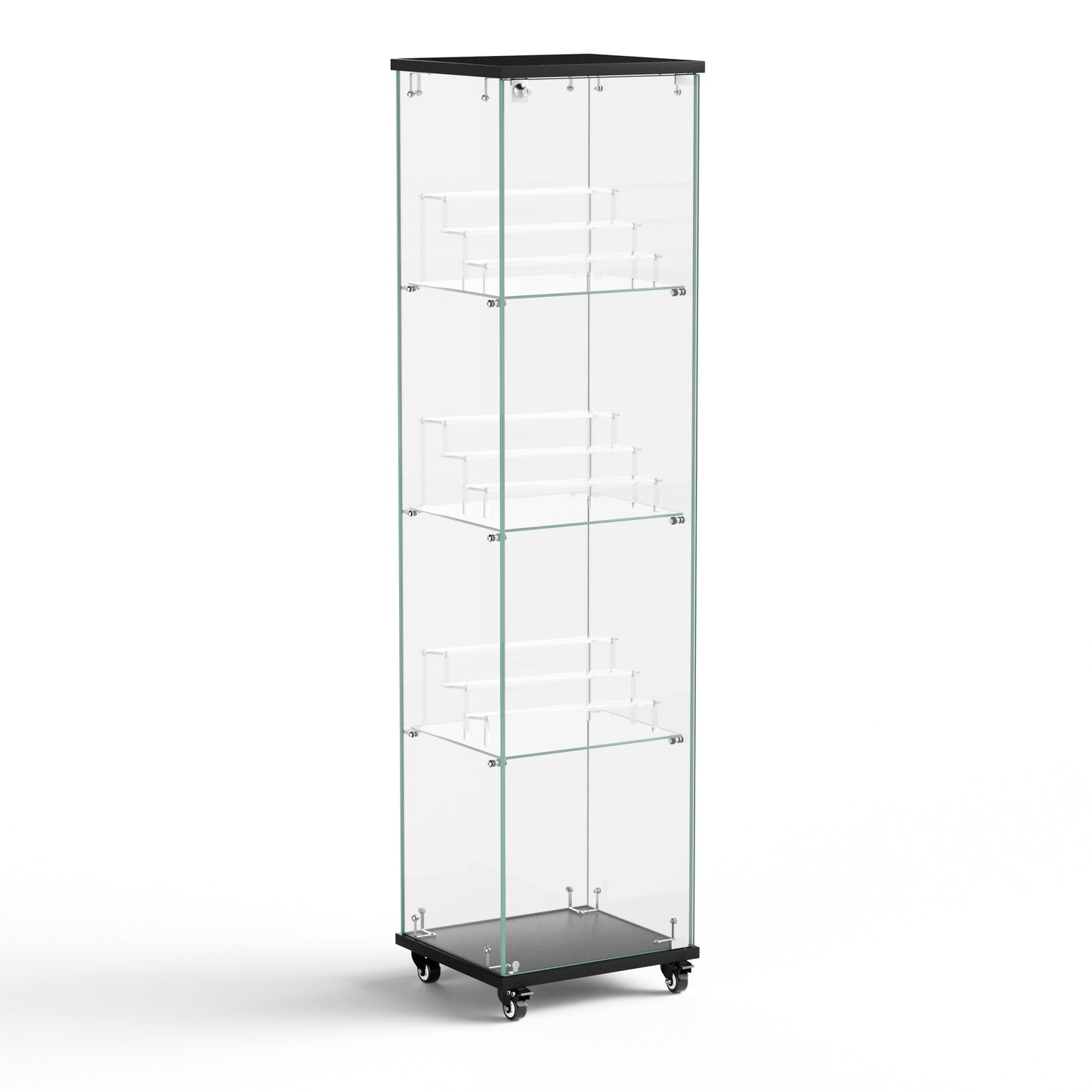 4 Tier Glass Curio Cabinet, Single Door Glass Cabinet with Lock and Wheels, Black