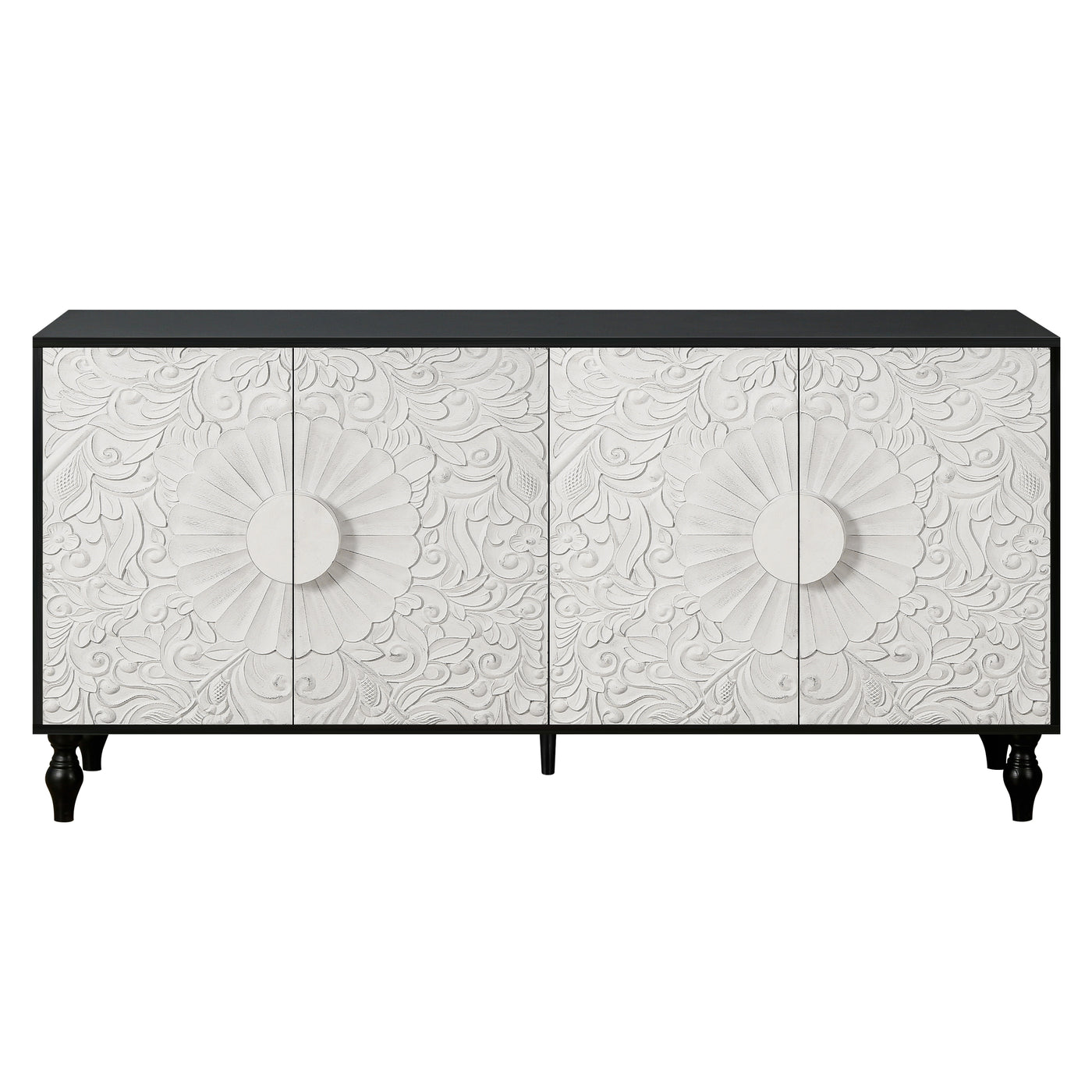 Finian Large Faceted Carved 4-Door Cabinet in Vintage White & Black