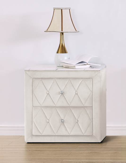 Lela Modern Velvet & Faux Marble Top Upholstered Nightstand, Ivory