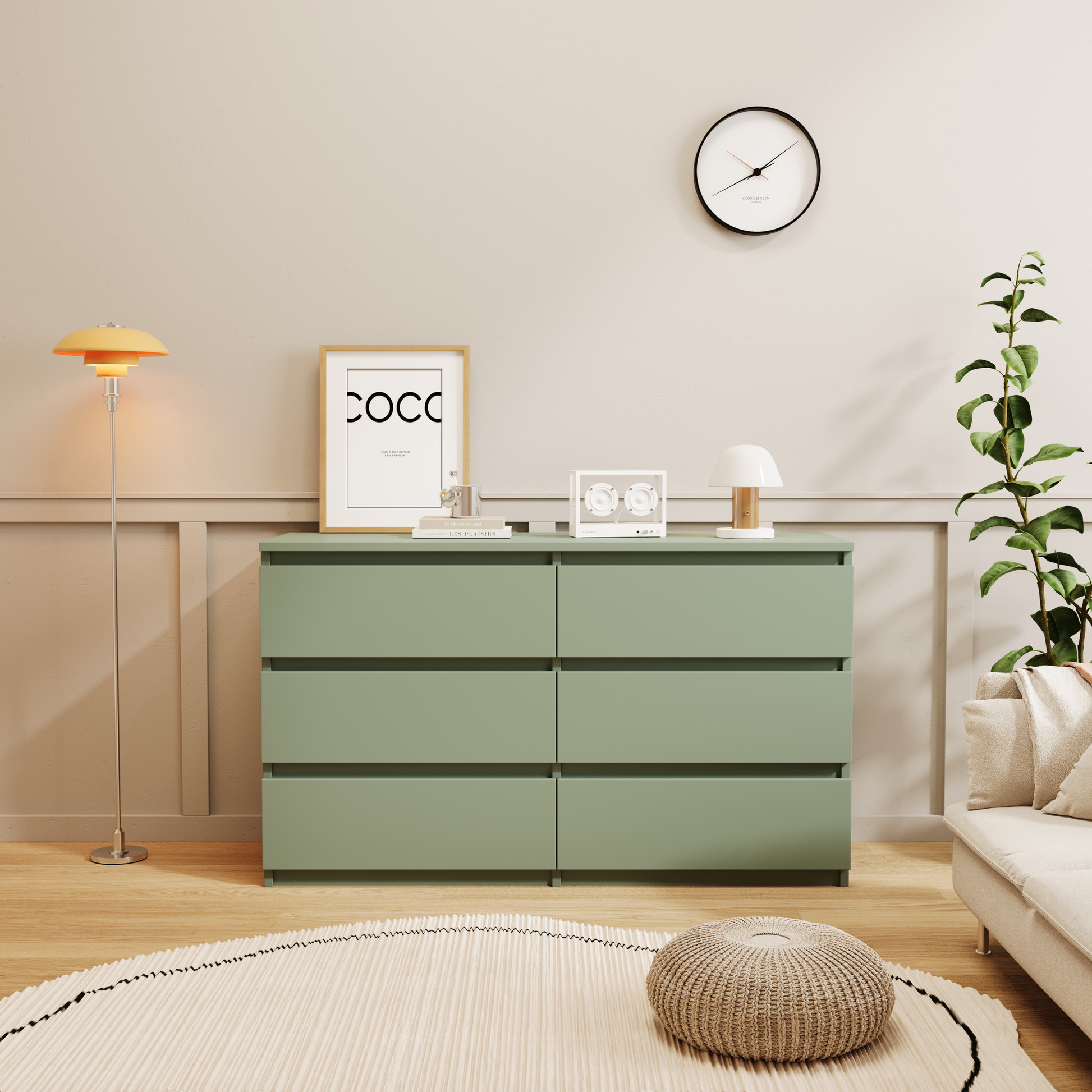 Princeton Modern 6-Drawer Dresser with Recessed Handles, Green