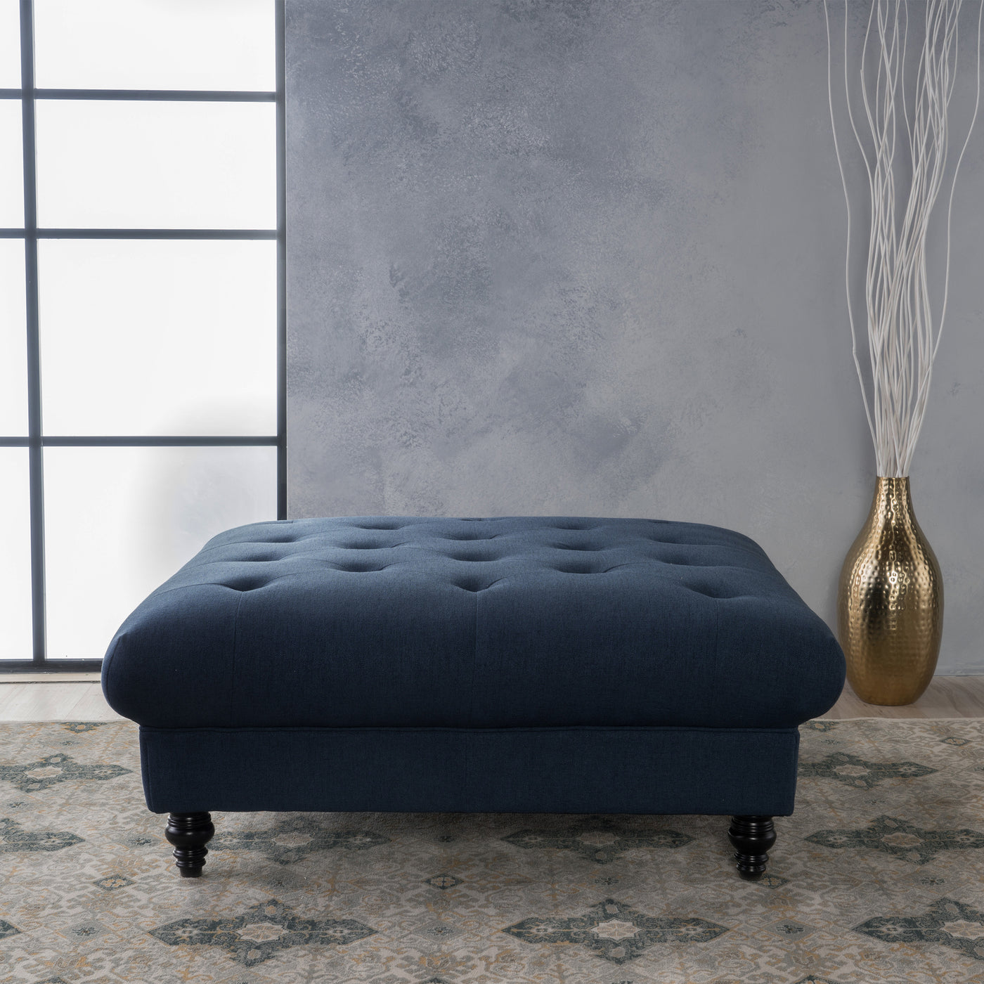 Madrid Dark Gray Tufted Ottoman with Turned Legs, Blue