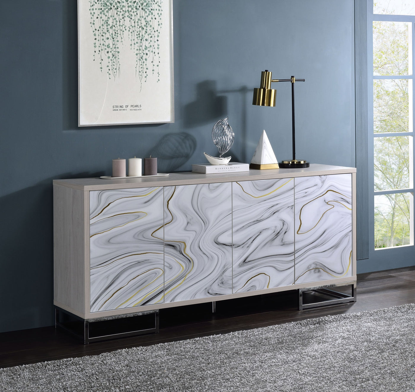 Panos White Marcle Paint & Chrome Finish Console Cabinet