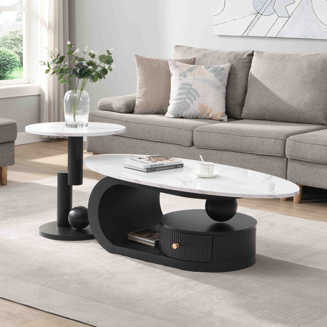 Flossie Modern Oval Nesting Table Set with Faux Marble Top, Black & White