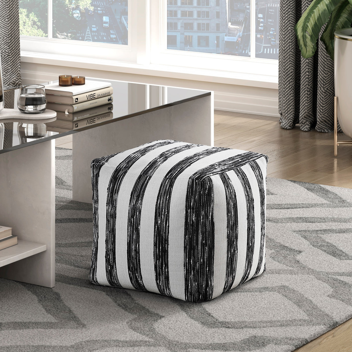 Modern Pouf Black and White Striped Fabric Upholstered Ottoman