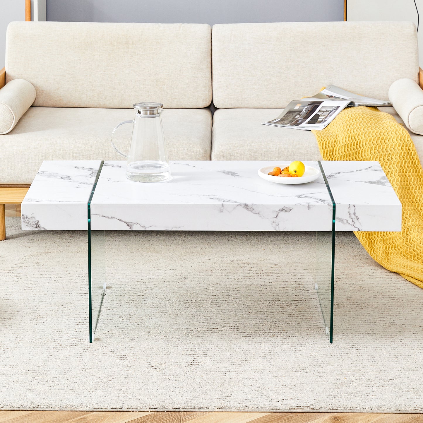 Vada Modern Rectangular Coffee Table with Glass Sides, White Faux Marble
