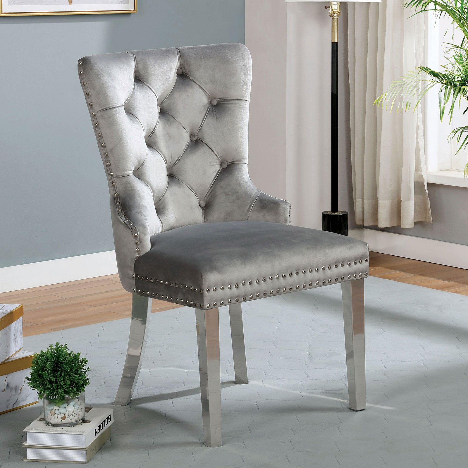 Emma Velvet Wingback Chairs with Mirrored Silver Legs (Set of 2), Gray